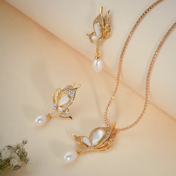 Gold_And_White_Butterfly_Pearl_Drop_Necklace_And_Earring_Set_For_Women