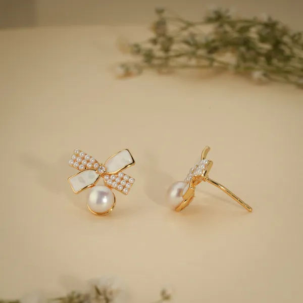 Gold_&_White_Pearl_Crystal_Bow_Stud_Earrings_For_Women