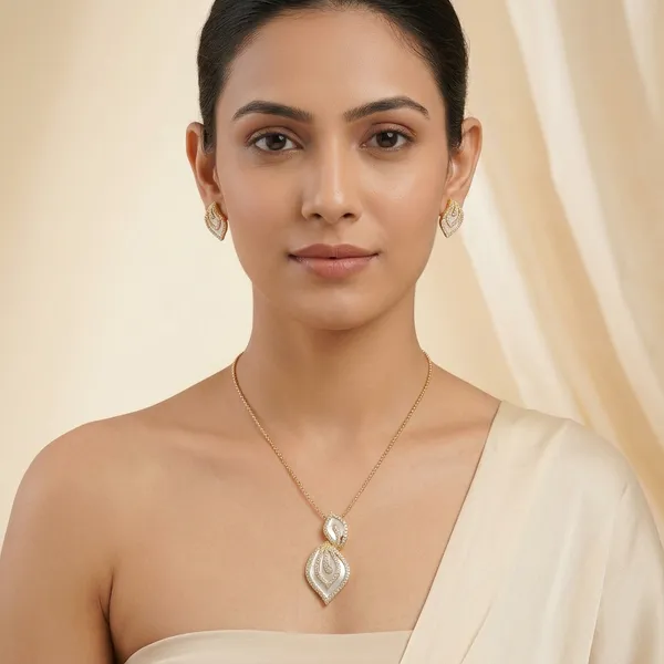 Gold_Plated_White_Stone_Layered_Leaf_Pendant_Set_With_Earrings_For_Women