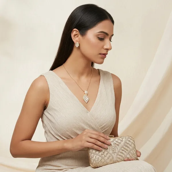 Gold_Plated_White_Stone_Layered_Leaf_Pendant_Set_With_Earrings_For_Women