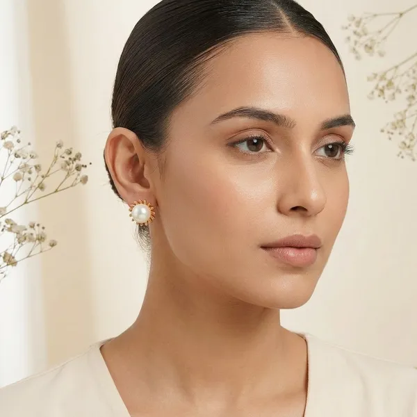 Gold_And_White_Plated_Pearl_Sunburst_Stud_Earrings_For_Women