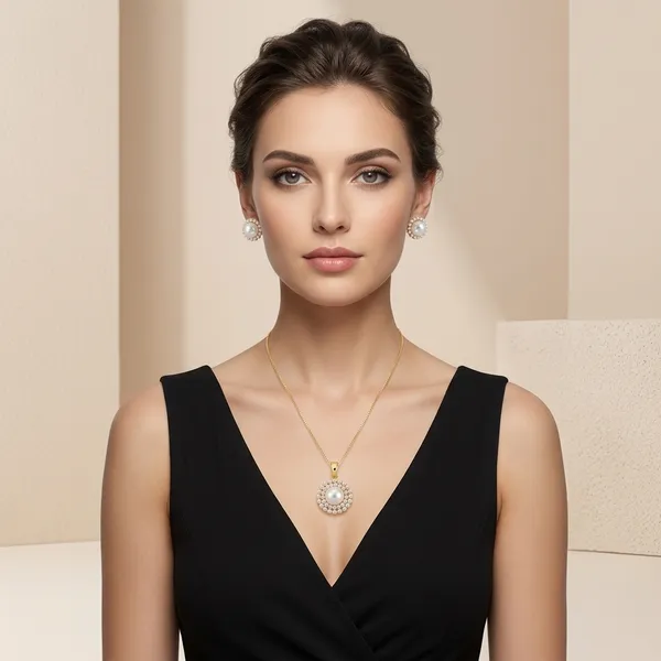 Gold_Plated_Pearl_Crystal_Halo_Pendant_Set_With_Earrings_For_Women