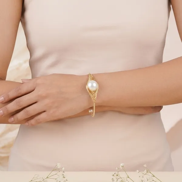 Gold_And_White_Wire_Wrapped_Pearl_Adjustable_Cuff_Bracelet_For_Women
