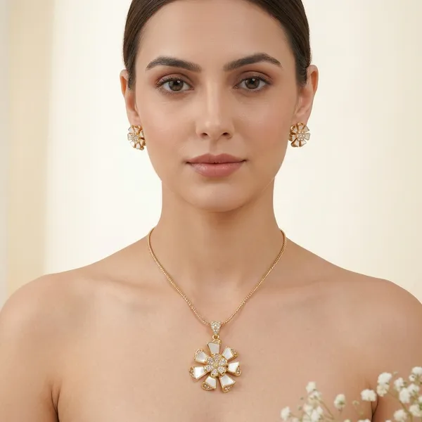 Gold_And_White_Enamel_Floral_Pendant_Necklace_And_Earrings_Set_For_Women