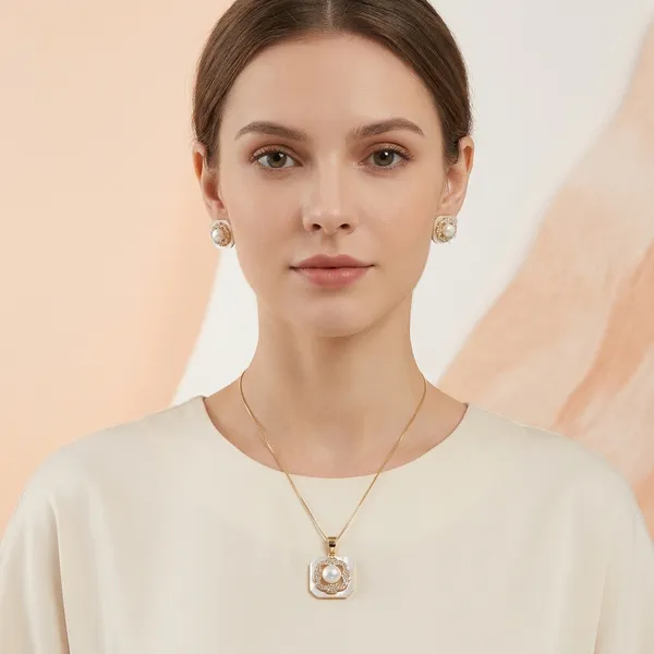 Gold_And_White_Pearl_Crystal_Square_Pendant_Necklace_Earrings_Set_For_Women