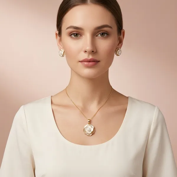 Gold_Plated_Pearl_Flower_Pendant_Necklace_And_Earrings_Set_For_Women