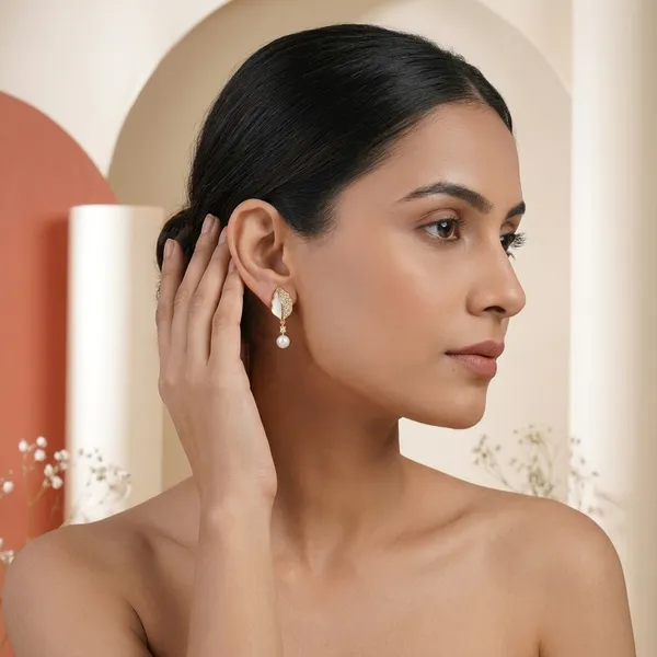 Gold_Plated_Pearl_Drop_Leaf_Design_Earrings_For_Women