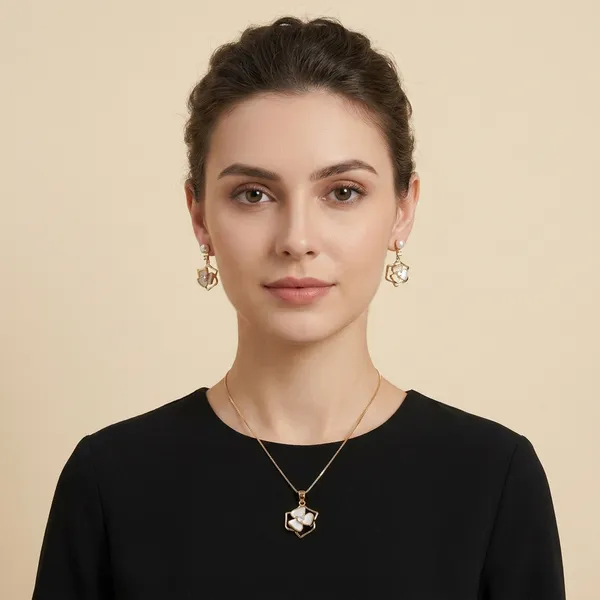 Gold_Plated_Hexagon_Pearl_Drop_Necklace_And_Earring_Set_For_Women