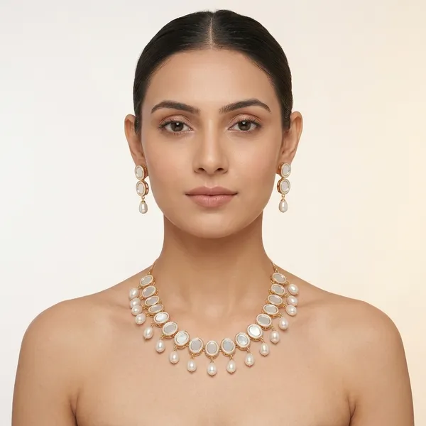 Gold_Plated_White_Pearl_Mirror_Work_Necklace_Set_For_Women