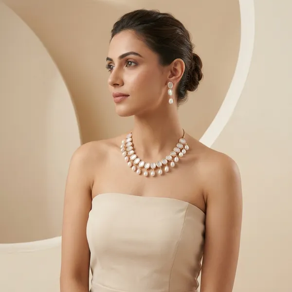 Gold_Plated_White_Pearl_Mirror_Work_Necklace_Set_For_Women