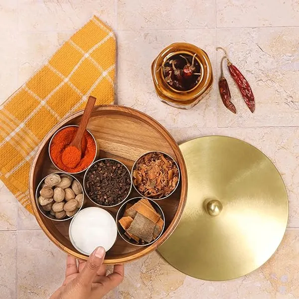 Teak_Wood_Ivory_Floral_Print_Masala_Storage_Box_With_Gold-plated_Stainless_Steel_Containers