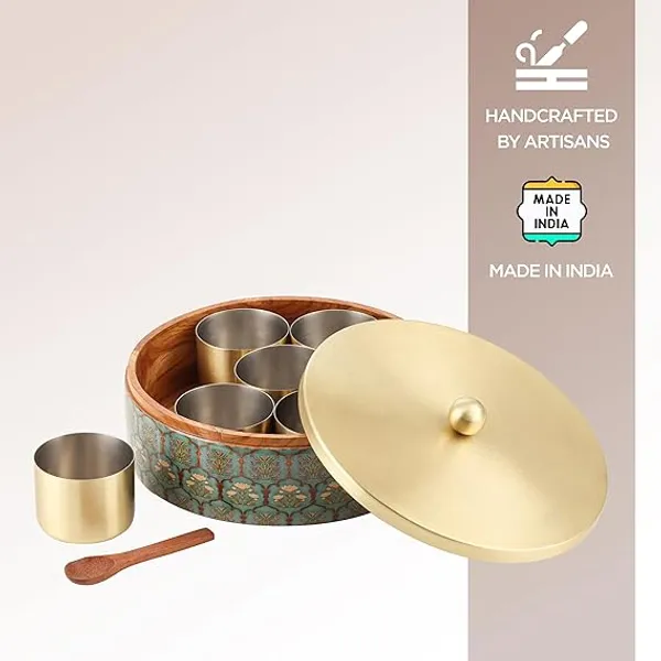 Green_Floral_Teak_Wood_Masala_Box_With_Gold-plated_Stainless_Steel_Containers_And_Decorative_Lid
