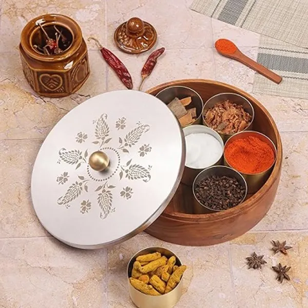 Teak_Wood_Masala_Box_With_Gold-plated_Containers_And_Laser_Etched_Lid