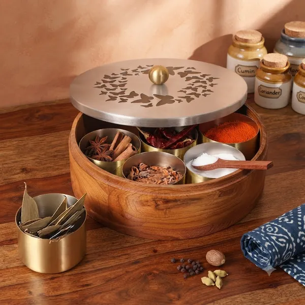 Teak_Wood_Masala_Box_With_Gold-plated_Stainless_Steel_Jars_And_Decorative_Lid