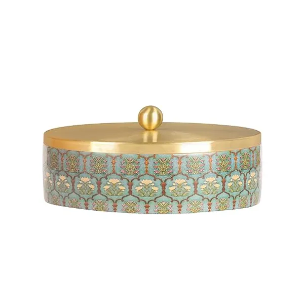 Green_Floral_Teak_Wood_Masala_Box_With_Gold-plated_Stainless_Steel_Containers_And_Decorative_Lid