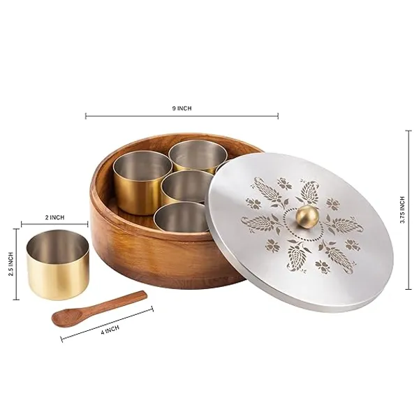 Teak_Wood_Masala_Box_With_Gold-plated_Containers_And_Laser_Etched_Lid