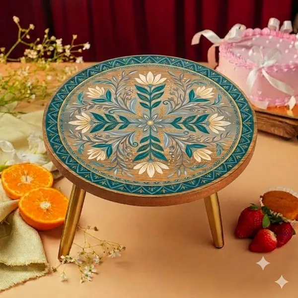 Teal_Floral_Motif_Round_Wooden_Cake_Stand_With_Gold_Plated_Legs