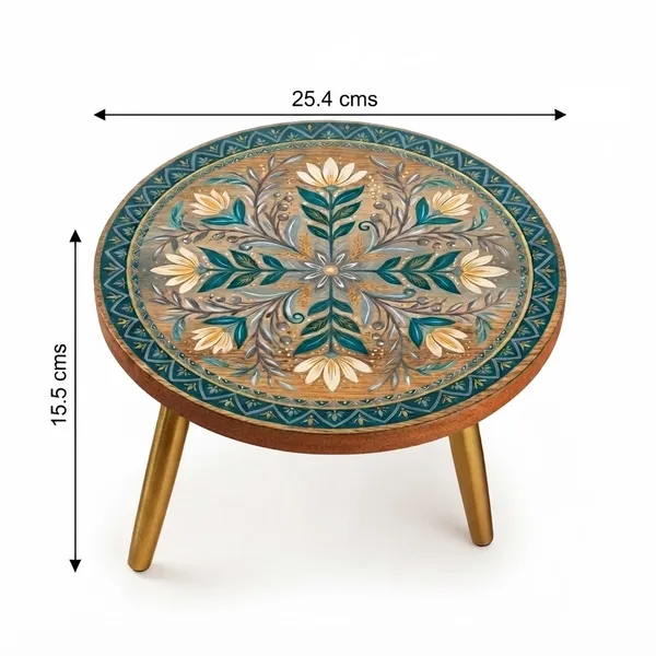 Teal_Floral_Motif_Round_Wooden_Cake_Stand_With_Gold_Plated_Legs