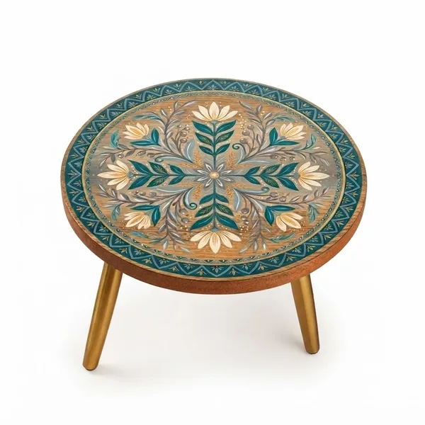 Teal_Floral_Motif_Round_Wooden_Cake_Stand_With_Gold_Plated_Legs