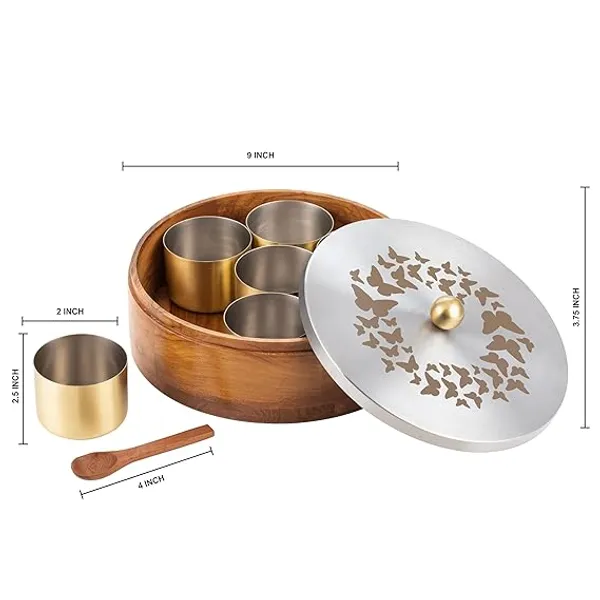 Teak_Wood_Masala_Box_With_Gold-plated_Stainless_Steel_Jars_And_Decorative_Lid