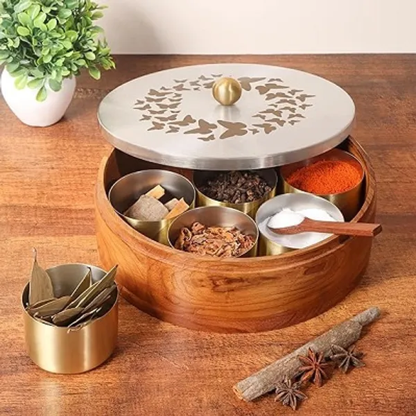 Teak_Wood_Masala_Box_With_Gold-plated_Stainless_Steel_Jars_And_Decorative_Lid