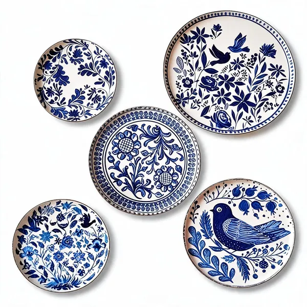 Set_of_5_Blue_White_Floral_Bird_Pattern_Decorative_Wall_Plates