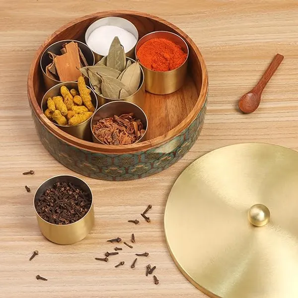 Green_Floral_Teak_Wood_Masala_Box_With_Gold-plated_Stainless_Steel_Containers_And_Decorative_Lid