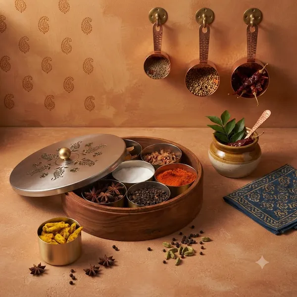 Teak_Wood_Masala_Box_With_Gold-plated_Containers_And_Laser_Etched_Lid