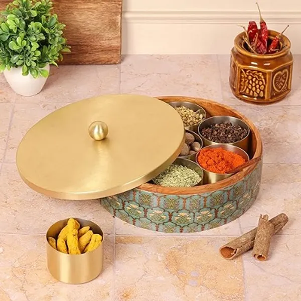 Green_Floral_Teak_Wood_Masala_Box_With_Gold-plated_Stainless_Steel_Containers_And_Decorative_Lid