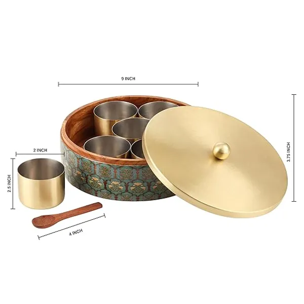 Green_Floral_Teak_Wood_Masala_Box_With_Gold-plated_Stainless_Steel_Containers_And_Decorative_Lid