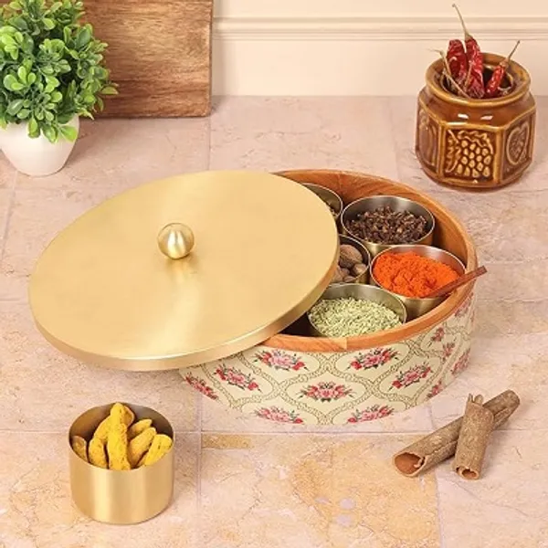 Teak_Wood_Ivory_Floral_Print_Masala_Storage_Box_With_Gold-plated_Stainless_Steel_Containers