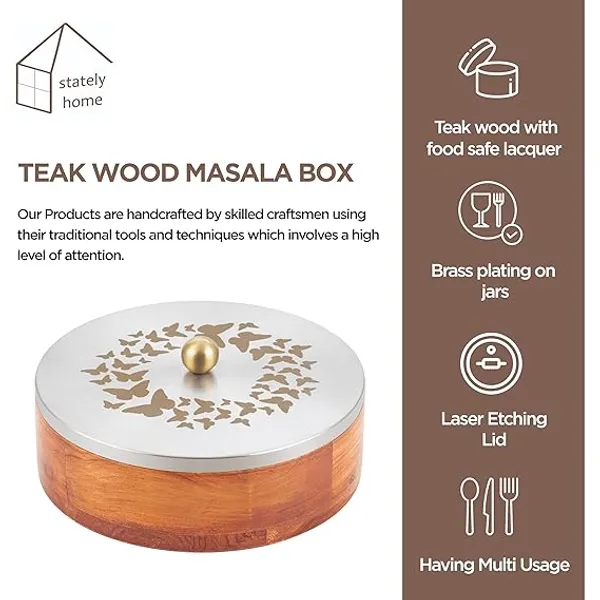 Teak_Wood_Masala_Box_With_Gold-plated_Stainless_Steel_Jars_And_Decorative_Lid