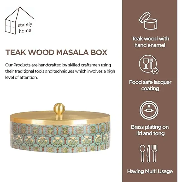 Green_Floral_Teak_Wood_Masala_Box_With_Gold-plated_Stainless_Steel_Containers_And_Decorative_Lid