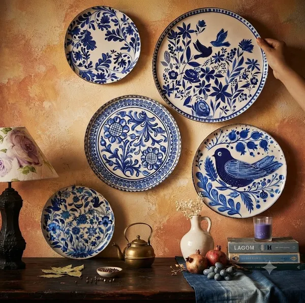 Set_of_5_Blue_White_Floral_Bird_Pattern_Decorative_Wall_Plates