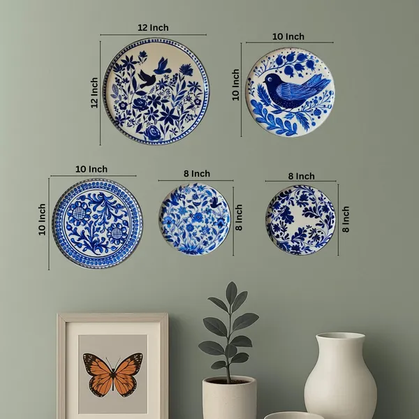 Set_of_5_Blue_White_Floral_Bird_Pattern_Decorative_Wall_Plates