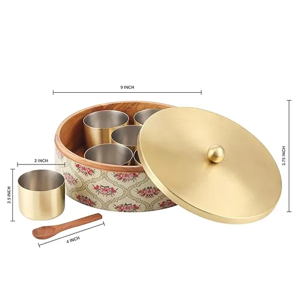 Teak_Wood_Ivory_Floral_Print_Masala_Storage_Box_With_Gold-plated_Stainless_Steel_Containers