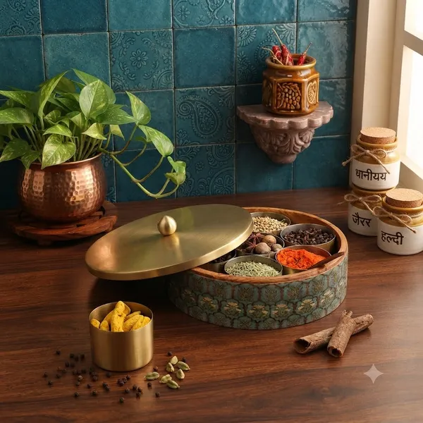 Green_Floral_Teak_Wood_Masala_Box_With_Gold-plated_Stainless_Steel_Containers_And_Decorative_Lid