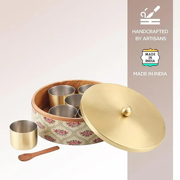 Teak_Wood_Ivory_Floral_Print_Masala_Storage_Box_With_Gold-plated_Stainless_Steel_Containers