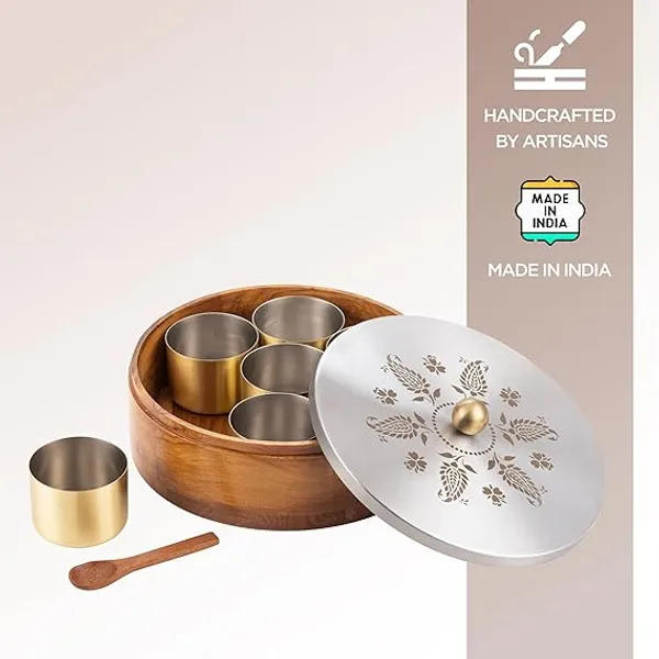 Teak_Wood_Masala_Box_With_Gold-plated_Containers_And_Laser_Etched_Lid