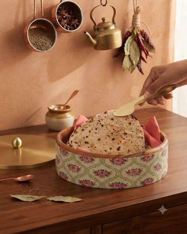 Teak_Wood_Ivory_Floral_Print_Chapati_Box_With_Tongs