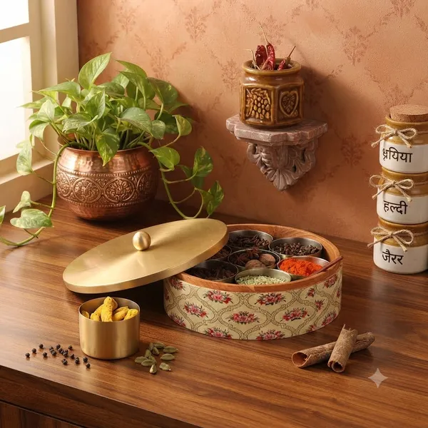 Teak_Wood_Ivory_Floral_Print_Masala_Storage_Box_With_Gold-plated_Stainless_Steel_Containers