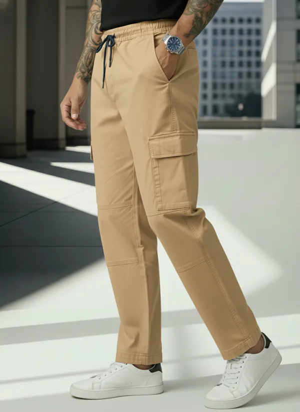 Khaki_Cotton_Cargo_Joggers_For_Men