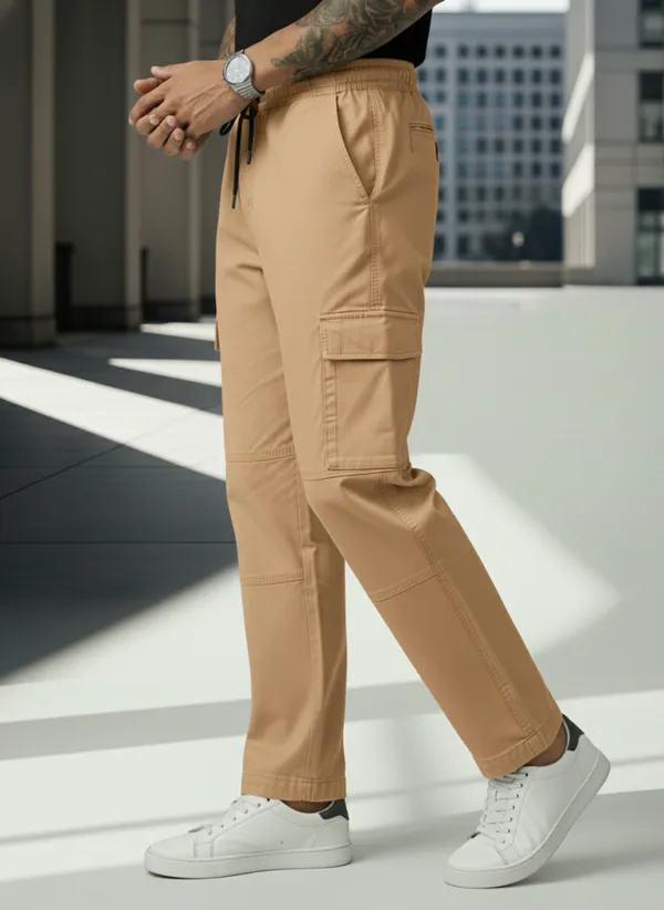 Khaki_Cotton_Cargo_Joggers_For_Men