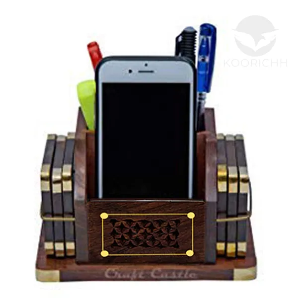 Wood_Carved_Desk_Organizer_With_Coaster_Set_Pen_Stand