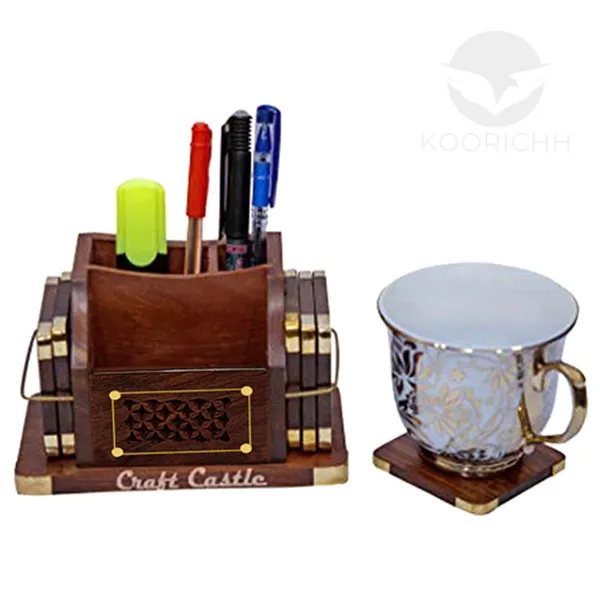 Wood_Carved_Desk_Organizer_With_Coaster_Set_Pen_Stand