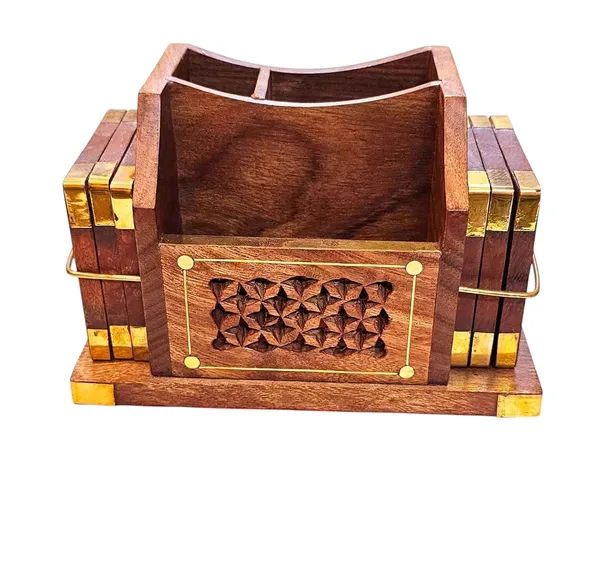 Wood_Carved_Desk_Organizer_With_Coaster_Set_Pen_Stand