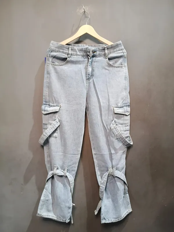 Grey_Denim_Cargo_Flared_Hem_Pants_For_Men