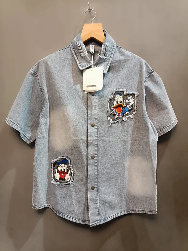 Grey_Denim_Graphic_Print_Short_Sleeve_Shirt_For_Men