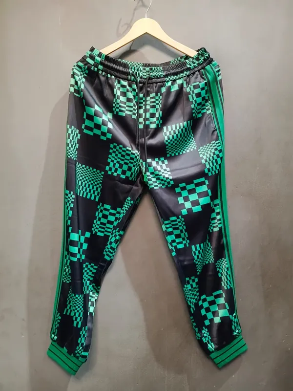 Black_And_Green_Satin_Relaxed_Fit_Checkered_Patchwork_Track_Pants_For_Men