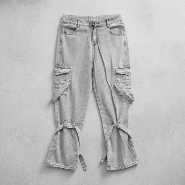 Grey_Denim_Cargo_Flared_Hem_Pants_For_Men